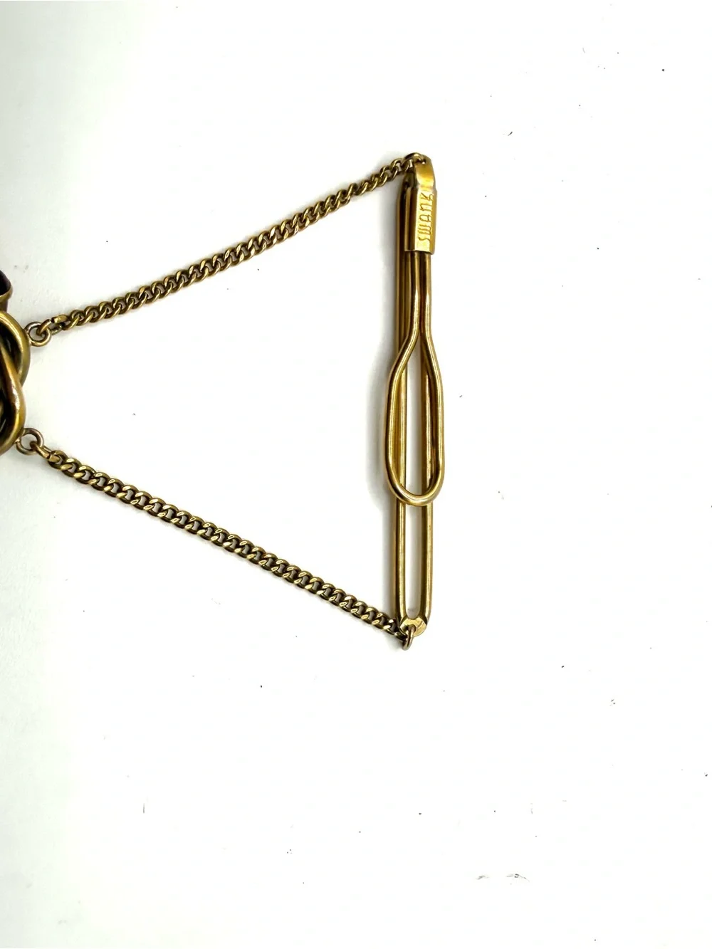 SWANK Gold-Tone Knot Tie Bar with Red Cabochon Terminals and Safety Chain